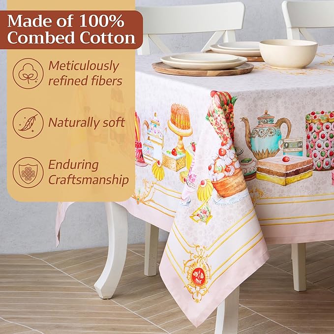 Maison d' Hermine Premium Table Cloth Rectangle Table 100% Combed Cotton 120 x 70 Inches Tablecloth Reusable Decorative for Dining Room, Farmhouse, Home, Party, Festive & Wedding - Pastries
