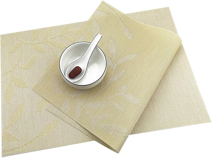 Gugrida Place Mats PVC Set of 6, Table Placemats Set of 6 PVC Washable Woven Vinyl Place Mats Heat Insulation Top Meal Mat Table Mats Natural Color (6 pcs, Yellow Leaves), Large