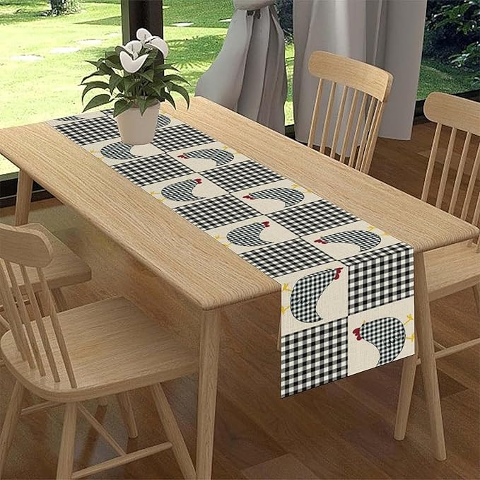 Farmhouse Rooster Table Runner, Rustic Farm Chicken Black White Plaid Buffalo Retro Coffee Table Center Decor for Home Kitchen Dining Patio Party Indoor Outdoor Table Decorations, 13" X 36"