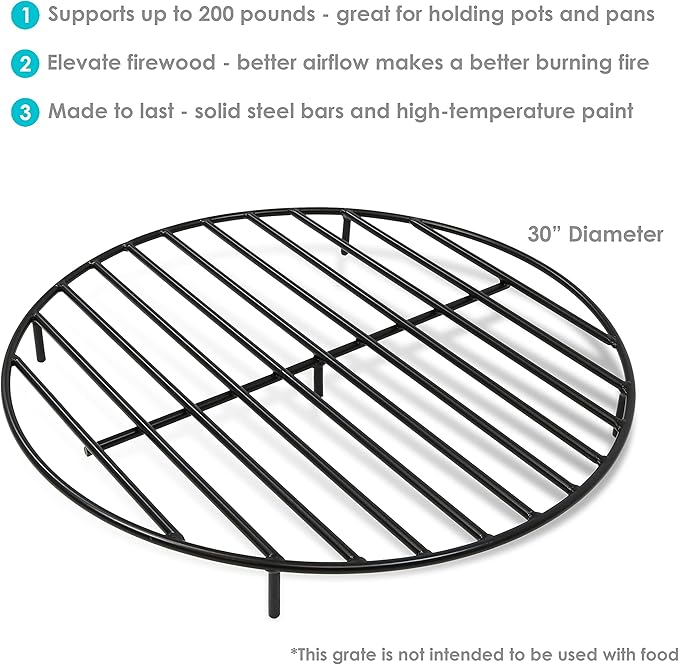 Sunnydaze Round Fire Pit Grate - Elevated Wood Grate for Fire Pit - Heavy-Duty Steel Log Grate for Outside - 30-Inch