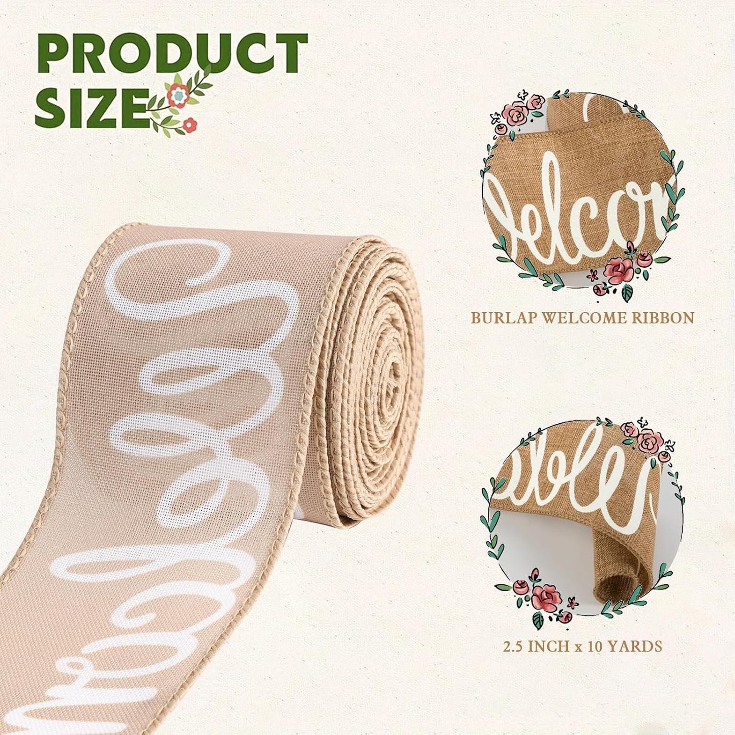 Burlap Ribbon Wired, Farmhouse Rustic Welcome Ribbon for Gifts Wrapping DIY Crafts Floral Bows Wreath Making Party Supplies Holiday Home Decoration, 2.5 Inch x 10 Yards