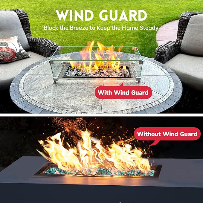 Fire Pit Wind Guard, 23.5" x 7.5" Square Tempered Glass Wind Shield for Firepit & Fire Table, Thick Glass and Easy Installation with Included Tools, Airflow Management for Stable Flame