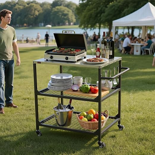 VEVOR Outdoor Grill Cart, 31.5 x 24.0 inch Stainless Steel Tabletop Size Grilling Table, Outdoor Cooking Table with 4 Wheels & Side Handle, Two Mesh Shelves, BBQ Prep Tables for Patio, Garden