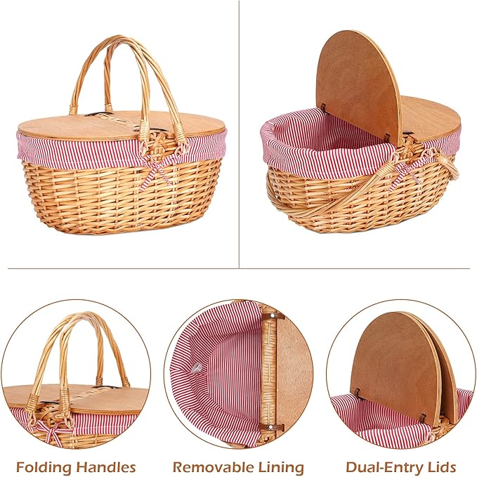 Wicker Picnic Basket with Liner, Wooden Split Lid Picnic Basket, Vintage-Style Wicker Picnic Hamper with Folding Woven Handle for Picnic, Camping, Outdoor, Valentine Day, Thanks Giving, Birthday (Red)