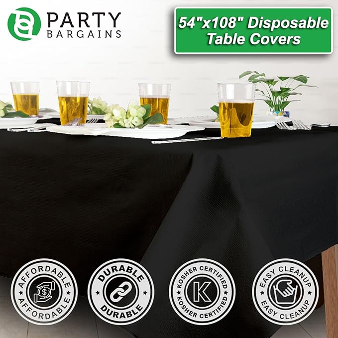 PARTY BARGAINS 5 Disposable Table Covers - 54" X 108" Black Table Cover, 3 Ply Paper & Plastic Tablecloth