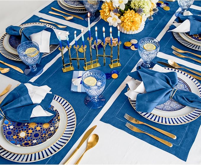 Solino Home Linen Indigo Blue Table Runner 156 Inches Long - 100% Pure Linen Extra Long Table Runner 14 x 156 Inch for Winter, Spring, Easter - Classic Hemstitch