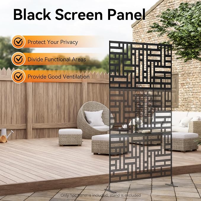 23.6x46 Inch Metal Privacy Screen Panel, Outdoor Decorative Privacy Fence Panel, Freestanding Modern Room Divider for Garden Patio Balcony Indoor Use – Laser Cut Design, Black