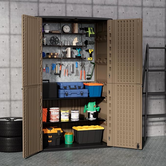 ZZM Large 67 Cu.ft Waterproof Storage Shed, Outdoor Storage Cabinet，Durable Resin Sheds for Patio Furniture, Garden Tools, Pool Accessories, Mower Storage (Coffee)