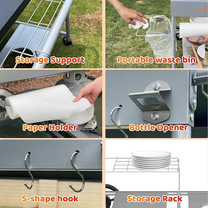 Upgraded Pizza Oven Cart Table for Ooni Koda/Karu/Fyra 16 & 12, Movable Thicken & Widen Rolling Kitchen Cart, Outdoor Grill Stand for Ninja Woodfire,Blackstone Griddle,Barbecue Tool Set