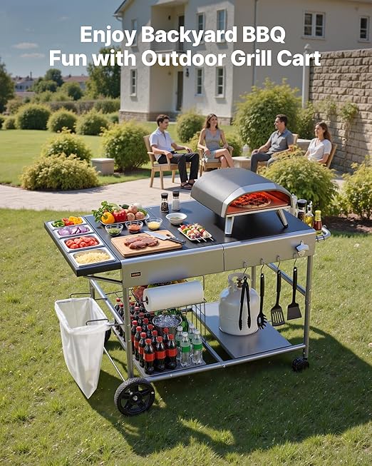 VEVOR Outdoor Grill Cart, 36.4 x 23.4 x 1 inch Tabletop Size Grilling Table, Movable Outdoor Cooking Table with 4 Spice Containers, Wheels, Lids, Hooks, BBQ Prep Tables for Picnic, Kitchen, Courtyard