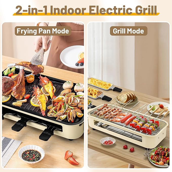 Pukomc Electric Indoor Grill,2 in 1 Indoor Grills for Kitchen with Grill Net & Non-Stick Cooking Removable Plate, Temperature Control, Dishwasher Safe, 1700W Smokeless barbecue