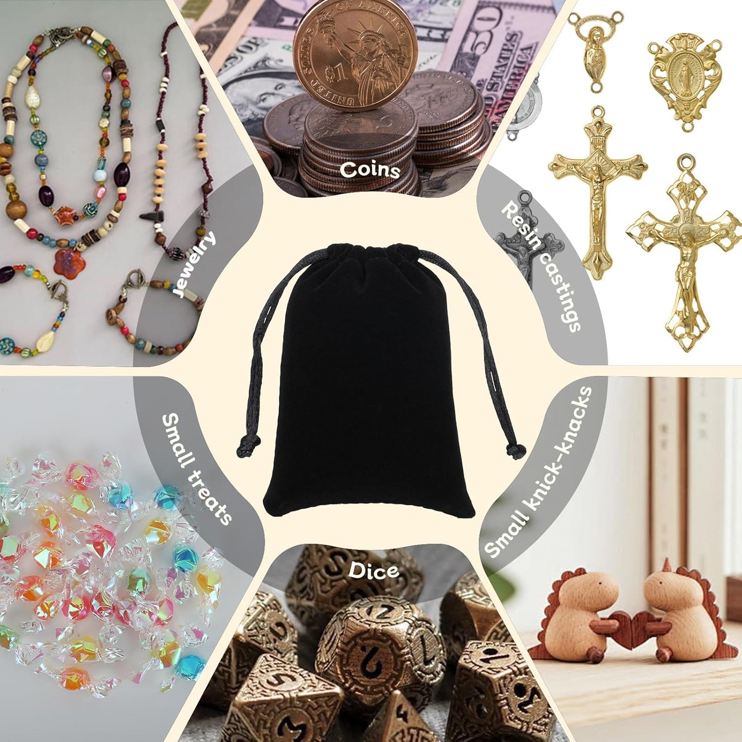 Velvet Drawstring Jewelry Bag, 50Pcs Black Coin Pouch, 3x4 Dice Bag, Or Wrapping Halloween Party Favors, Small Jewelry, Small Bussiness, Palm Crosses, Chains, Bracelet, For Church