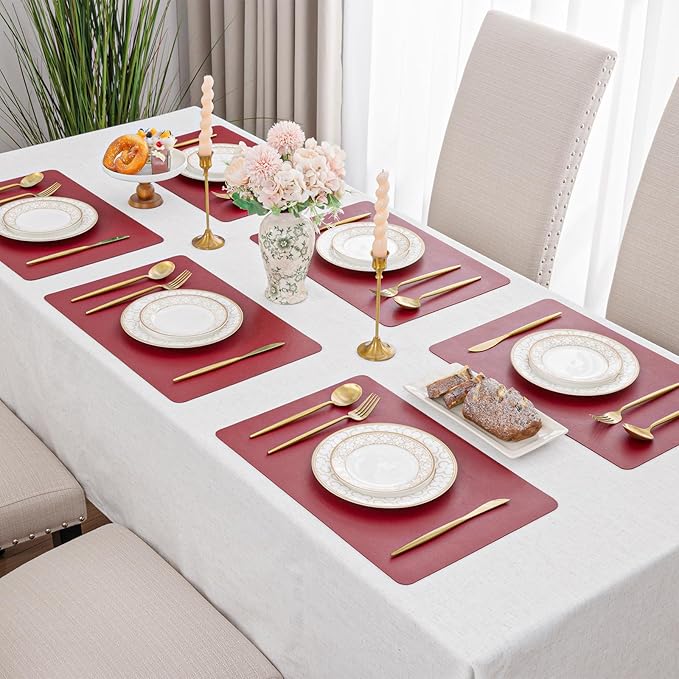 SHACOS Placemats Set of 6 Faux Leather Waterproof Leakproof Wipeable PU Non-Slip Vinyl Place Mats Heat Resistant Table Mats for Kitchen Dining Table Indoor Outdoor, Red