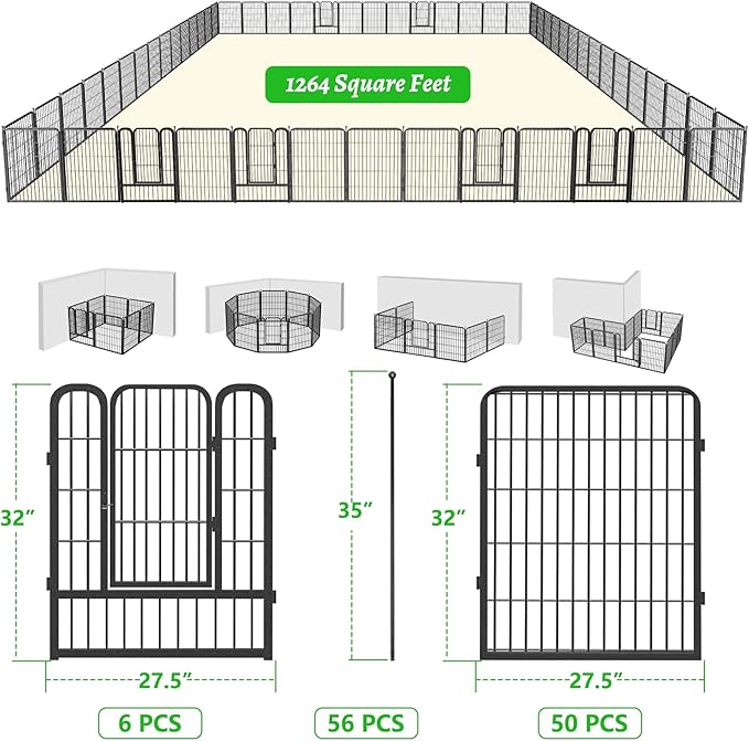 Garden Fence with Gate Metal Fencing Outdoor for Yard, 32in x128ft 56 Panels Outdoor Dog Fence Temporary Fence for Dogs Outside, Rustproof Garden Fencing Flower Bed Edging for Patio