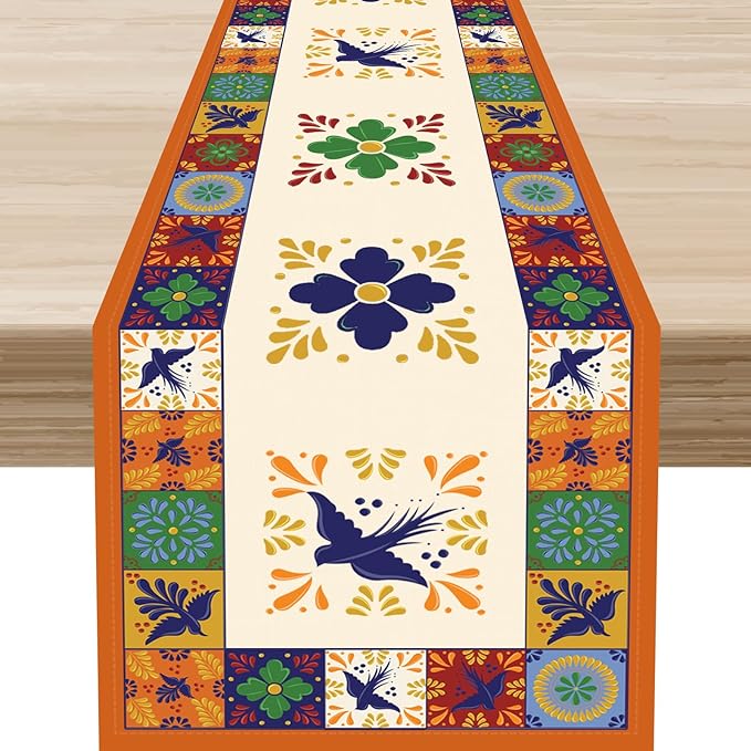 Mexican Table Runner, Orange Floral Birds Mexico Talavera Ceramic Dia De Los Muertos Coffee Table Center Decor for Family Home Kitchen and Dining Farmhouse Indoor Outdoor Table Decorations, 13" X 90"