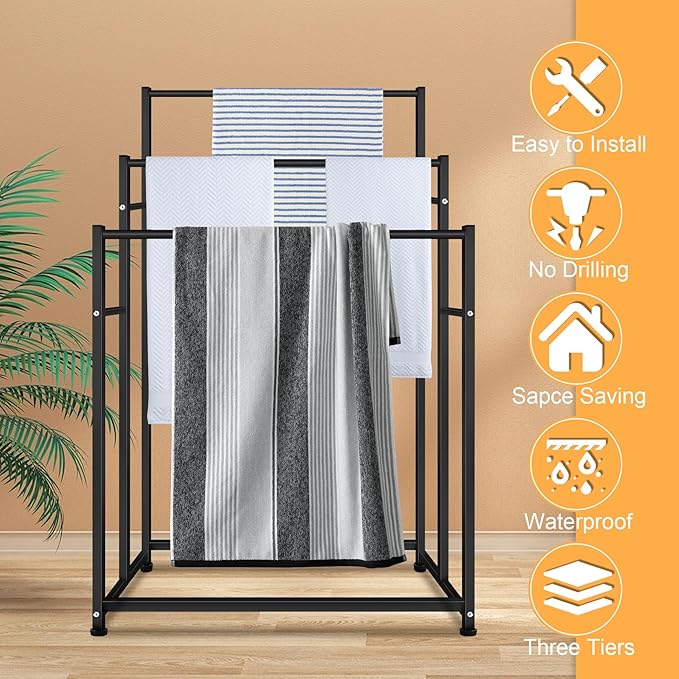 47.6 Inch Tall Free Standing Towel Racks 3 Tier Pool Towel Rack Outdoor Oversized Floor Bath Towel Drying Valet Holder Blanket Quilt Rack Stand for Bathroom Bedroom Beach Hot Tub Gym Pool Area Outside