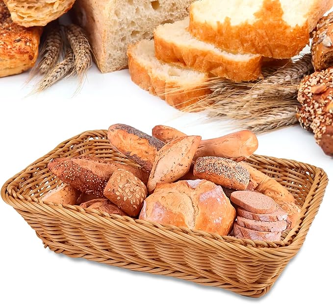 2 Pack 12" Rectangular Poly Wicker Bread Baskets, Durable Woven Serving Basket for Fruits, Vegetables Bread Indoor/Outdoor Use in Kitchen, Home, Restaurant