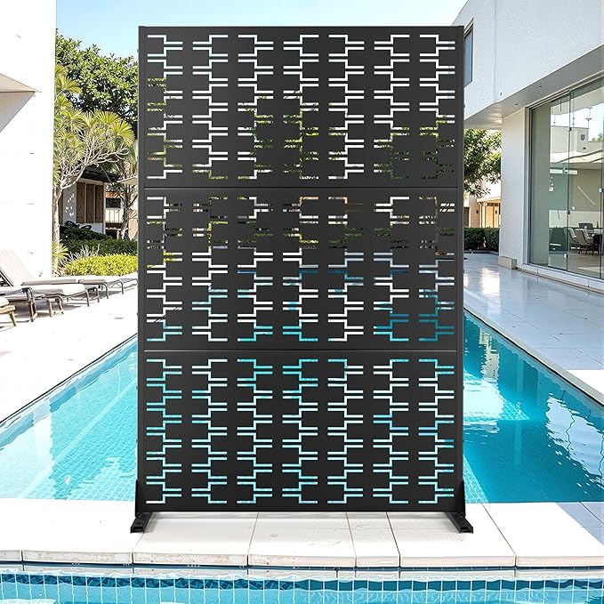 Metal Privacy Screen for Outdoor & Indoor Use, Free Standing Privacy Screen for Patio Garden Pool, 72" H x 47" W Decoative Privacy Panels, Weather Resistant, Easy Assembly (Black Brick)