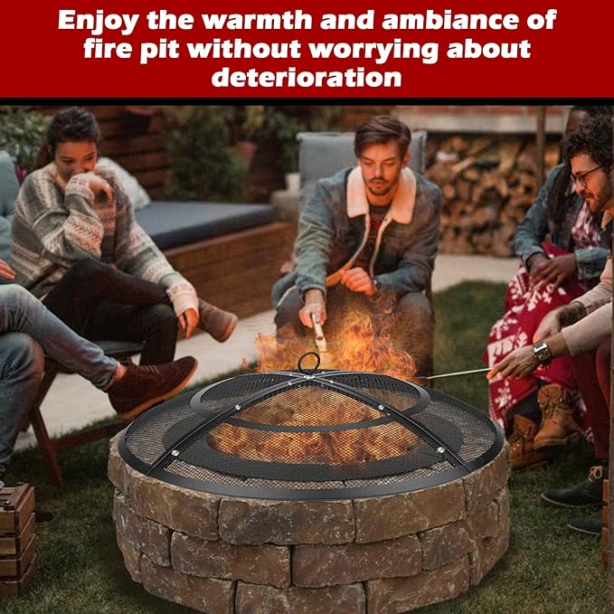 Fire Pit Spark Screen,40 Inch Fire Pit Screen Outdoor with Handle&Poker,Heavy-Duty Steel Fire Pit Cover Mesh Round Replacement Firepit Screens for Backyard/Beach/RV Camping