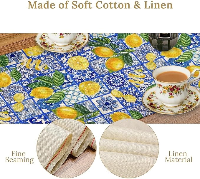 Tiles Lemon Table Runner Blue White Yellow Vintage Rustic Summer Fruit Chic Farmhouse Dining Table Decoration for Home Holiday Party Dresser Kitchen Cabin Restaurant Wedding Decor 13×108in