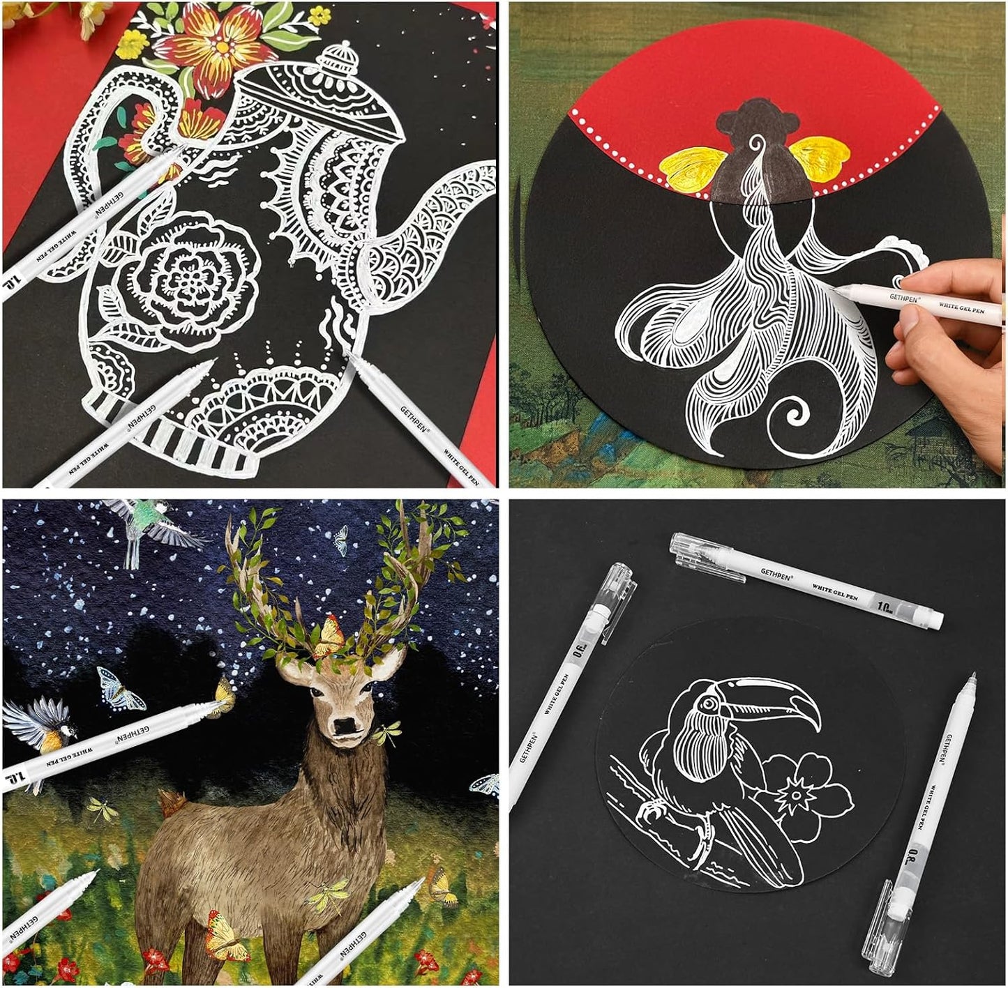 White Gel Pens 3-Pack - 0.6/0.8/1.0mm Fine to Bold Tips for Journaling & Art - Opaque Ink on Dark Paper, Holiday Cards & DIY Gifts