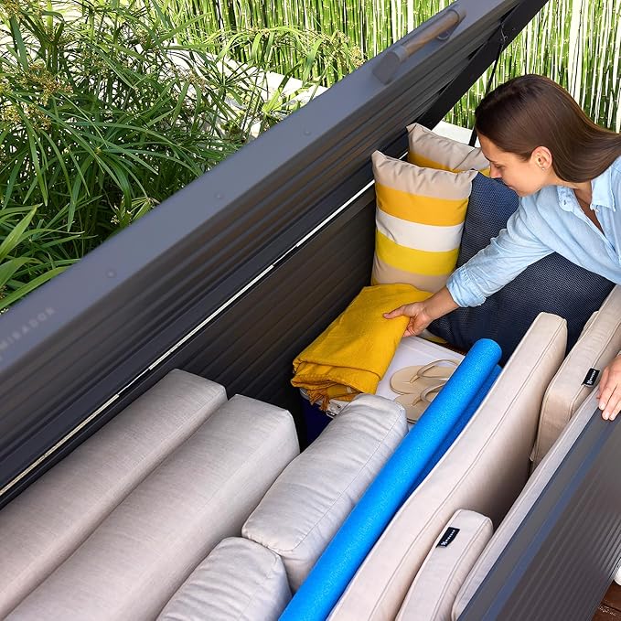 MIRADOR 281 Gallon Outdoor Storage Box Waterproof, Metal Deck Box with wheels for Patio Furniture, Garden Tools, Outdoor Cushion, Charcoal