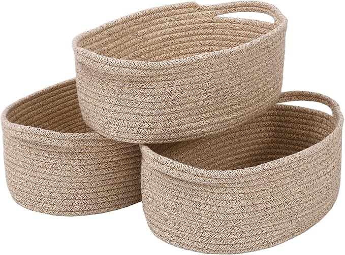 Woven Basket,Small Rope Storage Bin with Handles & Ribbon Bag, Organizer for Shelves Closets,Gift Basket Empty for Birthday,Books,Dog Toys,Oatmeal/3 Pack