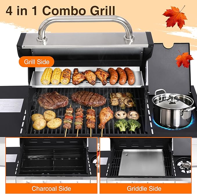 Griddle Grill Combo, Propane Gas and Charcoal Grill Combo, Outdoor BBQ Grills, 4 Burner Propane Stove with Griddle, Cast Iron Grates, Side Burner & Prep Space (4 burner&side burner combo)