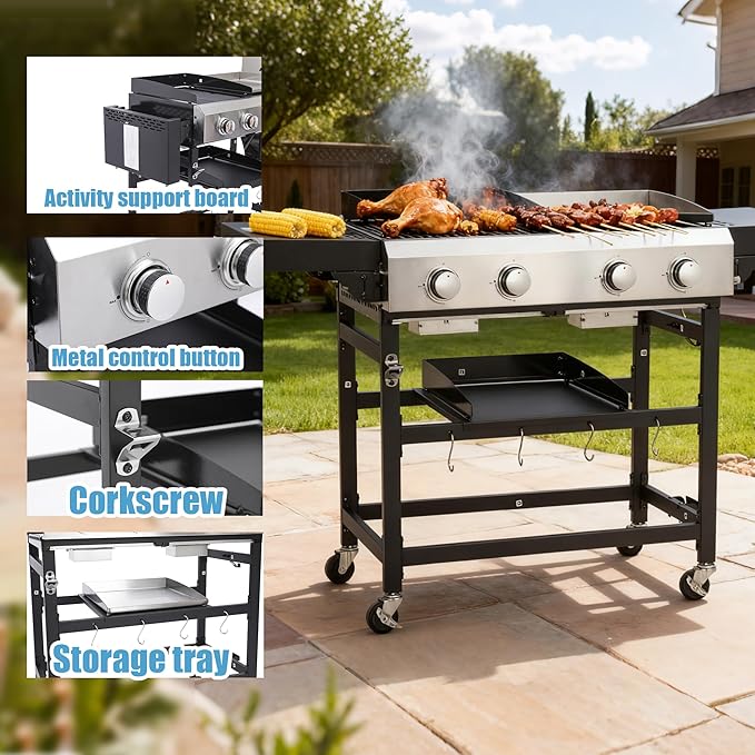 2-Burner Hybrid Grill with Flat Top, 38200 BTU for Backyard & Patio, Perfect for BBQ and Teppanyaki, Features Large Cooking Area & Durable Enamel Construction (2+2 PLANCHA)