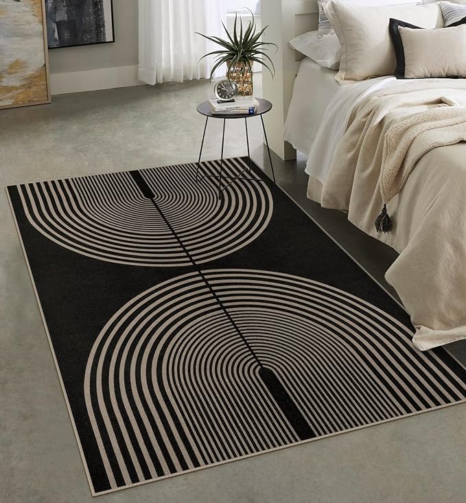 Easy Jute Indoor Outdoor 5x7 Area Rug, Black Washable Modern Rainbow Rugs for Living Room, Non-Slip Boho Farmhouse Bedroom Rug Abstract Floor Carpet for Patio Dining Room Nursery