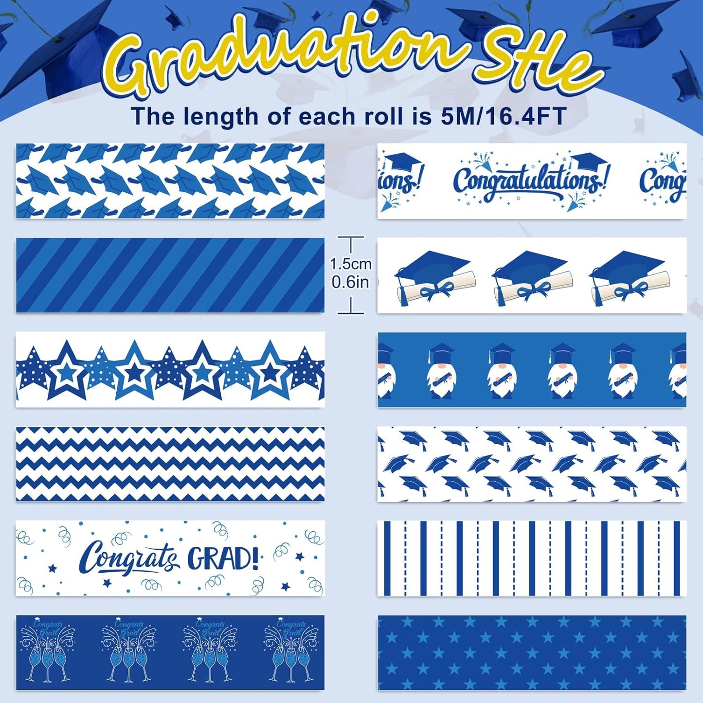 Whaline 12 Rolls Graduation Washi Tape Blue White Congrats Grad Washi Masking Tape Congratulations Star Grad Cap Decorative Paper Stickers for Graduation Scrapbook Gift Wrapping DIY Art Crafts