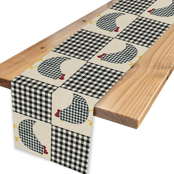 Farmhouse Rooster Table Runner, Rustic Farm Chicken Black White Plaid Buffalo Retro Coffee Table Center Decor for Home Kitchen Dining Patio Party Indoor Outdoor Table Decorations, 13" X 108"
