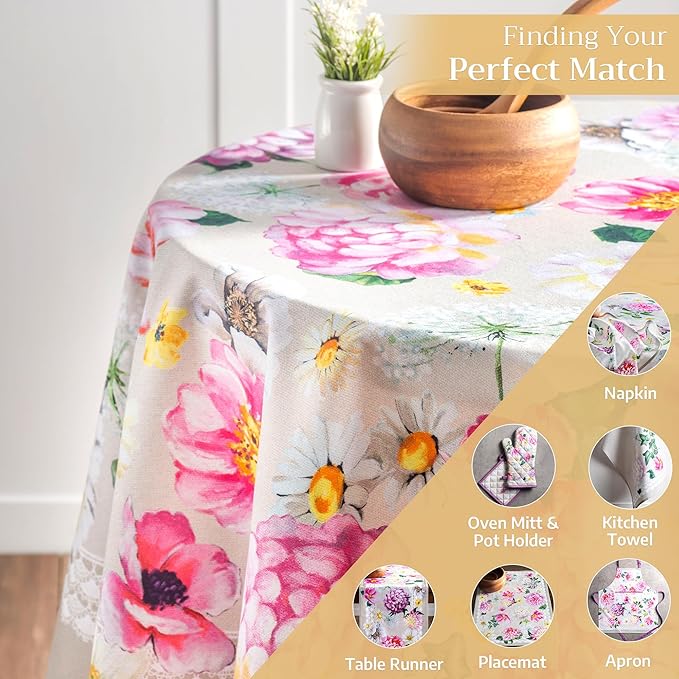 Maison d' Hermine Table Cloth Round Table 100% Cotton 69 Inches Tablecloth Reusable Decorative Everyday Use for Dining Room, Farmhouse, Home, Party, Festive & Wedding Spring Summer - Pivoine