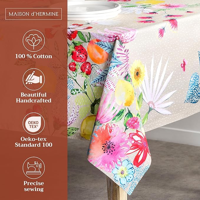 Maison d' Hermine Table Cloth Rectangle Table 100% Cotton 70 x 120 Inches Tablecloth Reusable Decorative for Dining Room, Farmhouse, Home, Party, Festive & Wedding Spring Summer - Jardin D'Ete - Fog