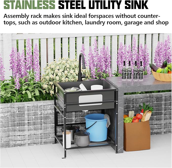 Black 25x22 Inch Freestanding Utility Sink-Stainless Steel Laundry Sink Practicality With Accessories Black Stainless Faucet,Soap Dispenser, SS Sink Grid For Laundry,Garage,Outdoor Kitchen,Garden...