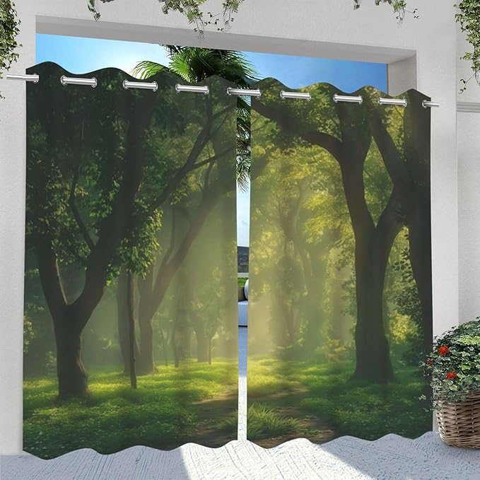 Forest Theme Waterproof Indoor/Outdoor Curtains,Dawn Trees Jungle Pattern,Privacy Curtains for Porch Pergola Arbor Lanai Pool House Outside Deck,2 Panel,W42 x L63,Green