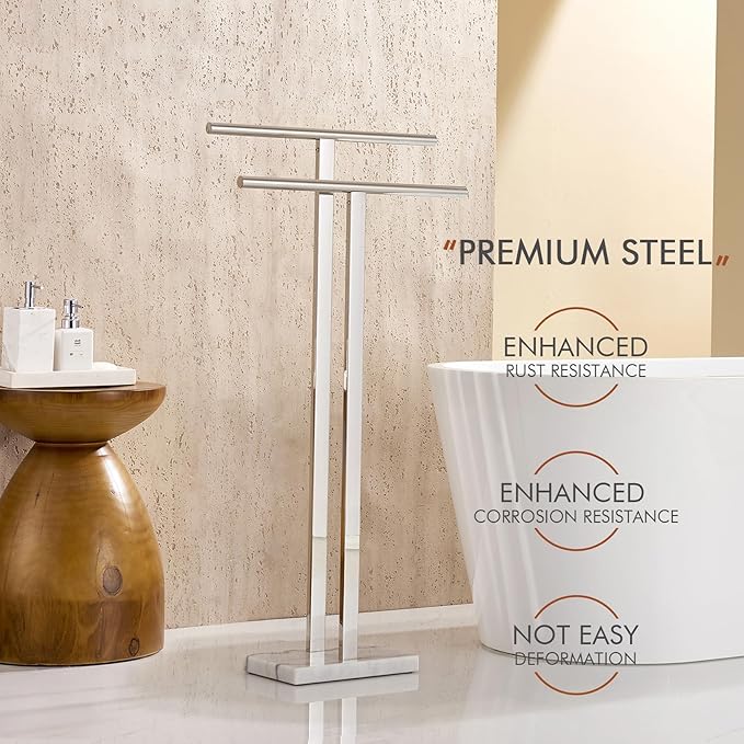 KOKOSIRI Floor Stand Towel Rack for Bathroom 2-Tier Free Standing Towel Holder with Heavy Marble Base Thicken Steady Design Polished Chrome Stainless Steel THS0005-CH