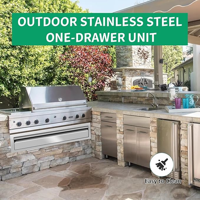 Outdoor Kitchen Drawers 30" W x 6.5" H x 23" D Stainless Steel Single Drawers with Hidden Handle for BBQ Island, Patio Grill Station & Outdoor Kitchen Cabinets