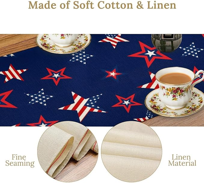 4th of July Patriotic Table Runner, Memorial Day Independence Day Freedom Stars Table Runner for Indoor Kitchen Dining Outdoor Holiday Party 13x36in