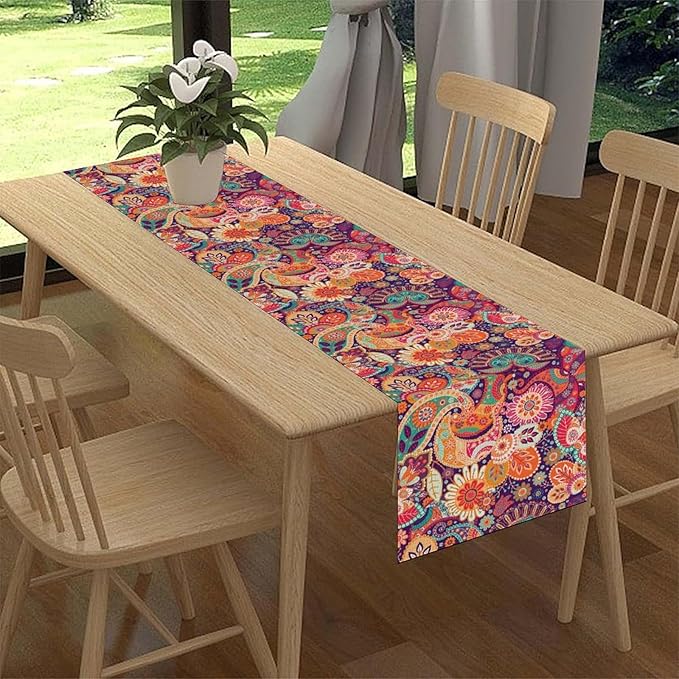 Purple Paisley Table Runner, Rustic Damask Antique Floral Flower Retro Boho Mandala Indian Bohemian Vintage Table Center Decor for Family Kitchen and Living Room Country Table Decorations, 13" X 36"