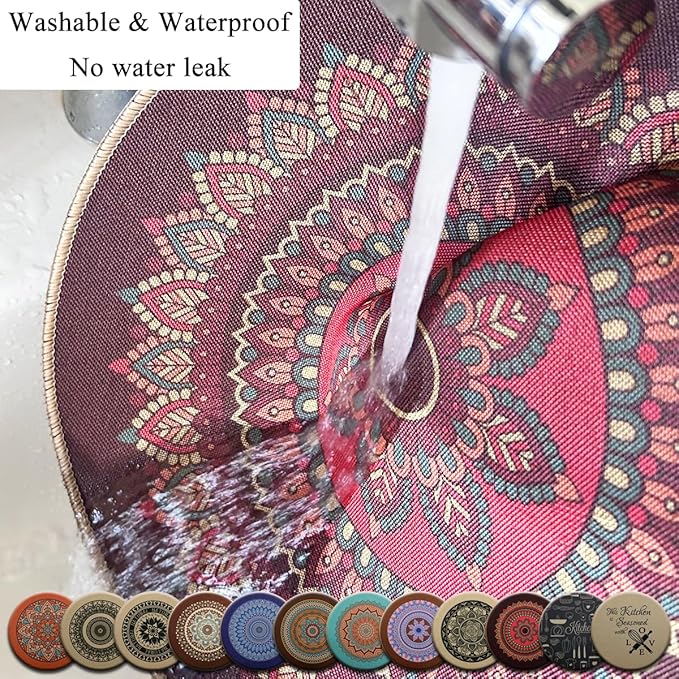 PIGCHCY Round Boho Placemats Set of 6, Rubber Heat Resistant Tabel Mats, Waterproof Washable Placemat for Dining Table Decoration (Deep Blue)