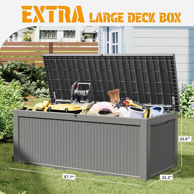 NUNU LAB 300 Gallon Outdoor Storage Box,Resin Large Sturdy Deck Box, Backyard Outside Storage Box Waterproof with Double Wall Panels,Package Delivery Garden Outdoor Hose Storage Bin