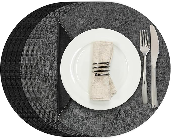 Myir JUN Round Placemats Dual Sided, Faux Leather Place Mats Set of 4 Indoor Placemats for Dining Table Outdoor Placemats Non-Slip Washable Table Mats (Set of 8, Gray Black)