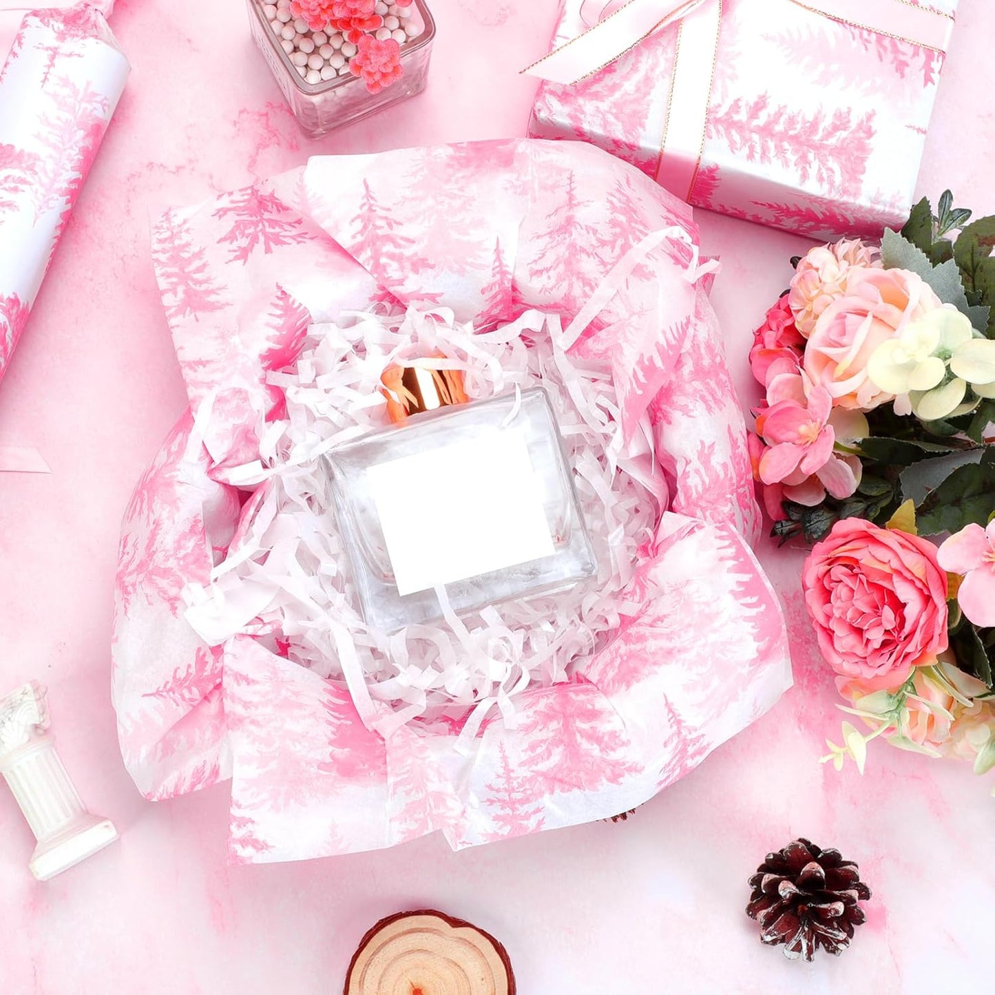 100 Sheets Christmas Tree Tissue Paper, 20x14in Forest Style Wrapping Tissue Watercolor Xmas Tree Art Tissue for Xmas Party Gift Bag Fillers Winter Party Decor (Pink)