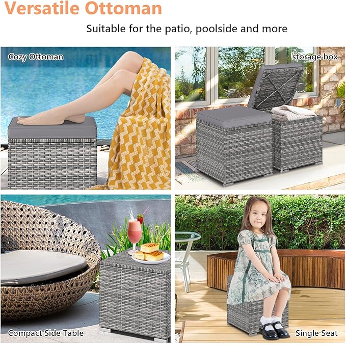 Tangkula 2 Pieces Patio Ottomans, Patiojoy Hand-Woven PE Rattan Side Table with Removable Cushion & Hidden Storage Space, Multifunctional Storage Box, Seat for Patio, Backyard, Poolside (Light Grey)