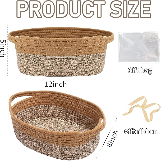 Woven Basket,Small Rope Storage Bin with Handles & Ribbon Bag, Organizer for Shelves Closets,Gift Basket Empty for Birthday,Books,Dog Toys, Jute&Brown/2 Pack