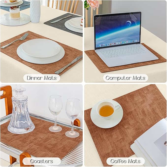 Romanstile Reversible Vinyl Placemats Set of 4, Faux Leather 100% Waterproof Oil-Proof Wipeable Place Mats, Heat Resistant Dual Sided Table Mats for Kitchen/Dining/Party (Grey Orange, 12 x 17 Inch)