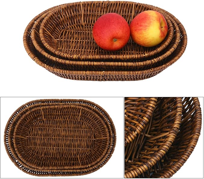 3 PCS Handwoven Oval Wicker Baskets Set - 3 Size Versatile Bread, Fruit, and Cosmetic Wicker Baskets, Bread Baskets for Serving, Suitable for Kitchen Counter, Dining Table, and Decor
