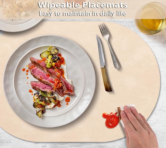 ADRIMER Placemats, Heat Resistant Oval Placemats Set of 6 Washable 12 x 17 Inch, Waterproof Table Mats, Wipeable Pu Place Mats for Kitchen, Dining Room, Beige