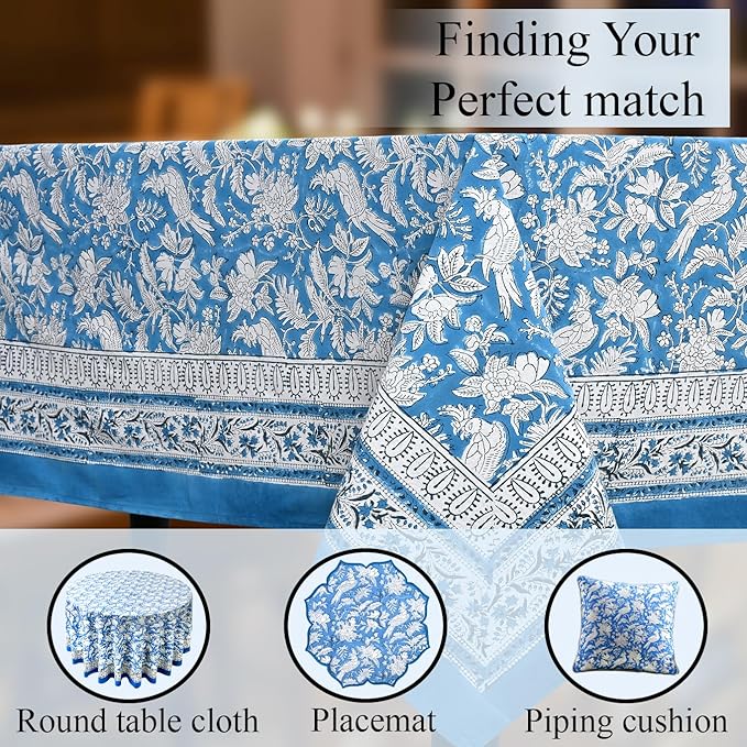 CPC Blue Sapphire 60X60 Inch Square Tablecloth Cotton Indian Block Print Tablecloth Handmade Printed Washable Cotton Table Cloth Spring Summer Weding Table Cover